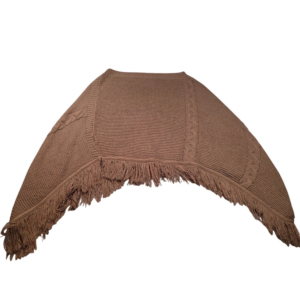 Brown Cable Knit Fringe Poncho Wrap Asymmetrical Boho Shawl One Size Western